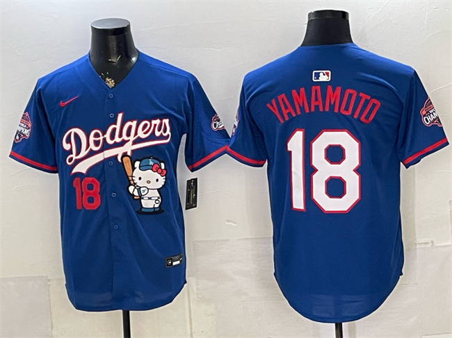 Men's Los Angeles Dodgers #18 Yoshinobu Yamamoto Royal Hello Kitty Night 2025 World Series Champions Patch Stitched Baseball Jersey Men's Los Angeles Dodgers #18 Yoshinobu Yamamoto Royal Hello Kitty Night 2025 World Series Champions Patch Stitched Baseball Jersey